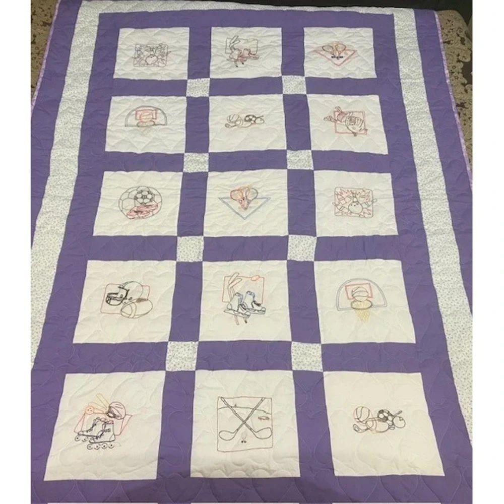 Quilt Machine Sown Quilted with Cross Stitched Blocks Sport Theme 58
